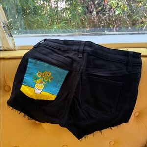 Uniqlo Black Jean Shorts with Sunflower Art Pocket